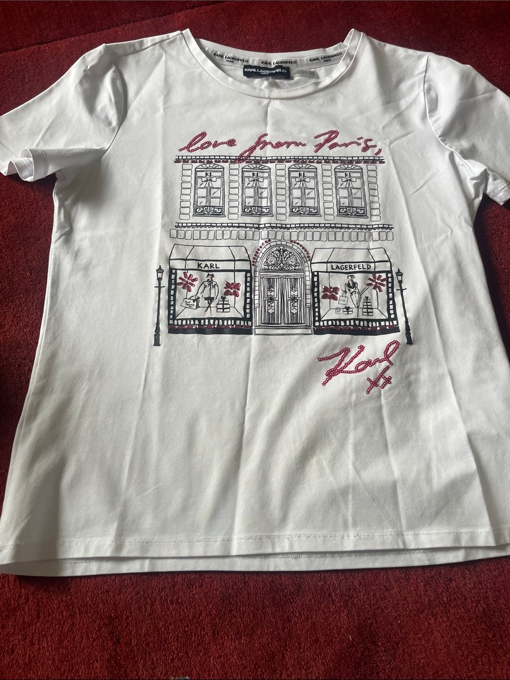 Karl Lagerfeld White Tee with Pink & Black Paris Graphic - Picture 2 of 6